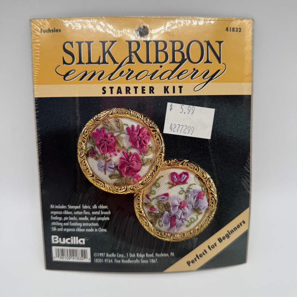Vintage 1997 Bucilla Fuchsias Silk Ribbon Embroidery Starter Kit 41832 Brooch